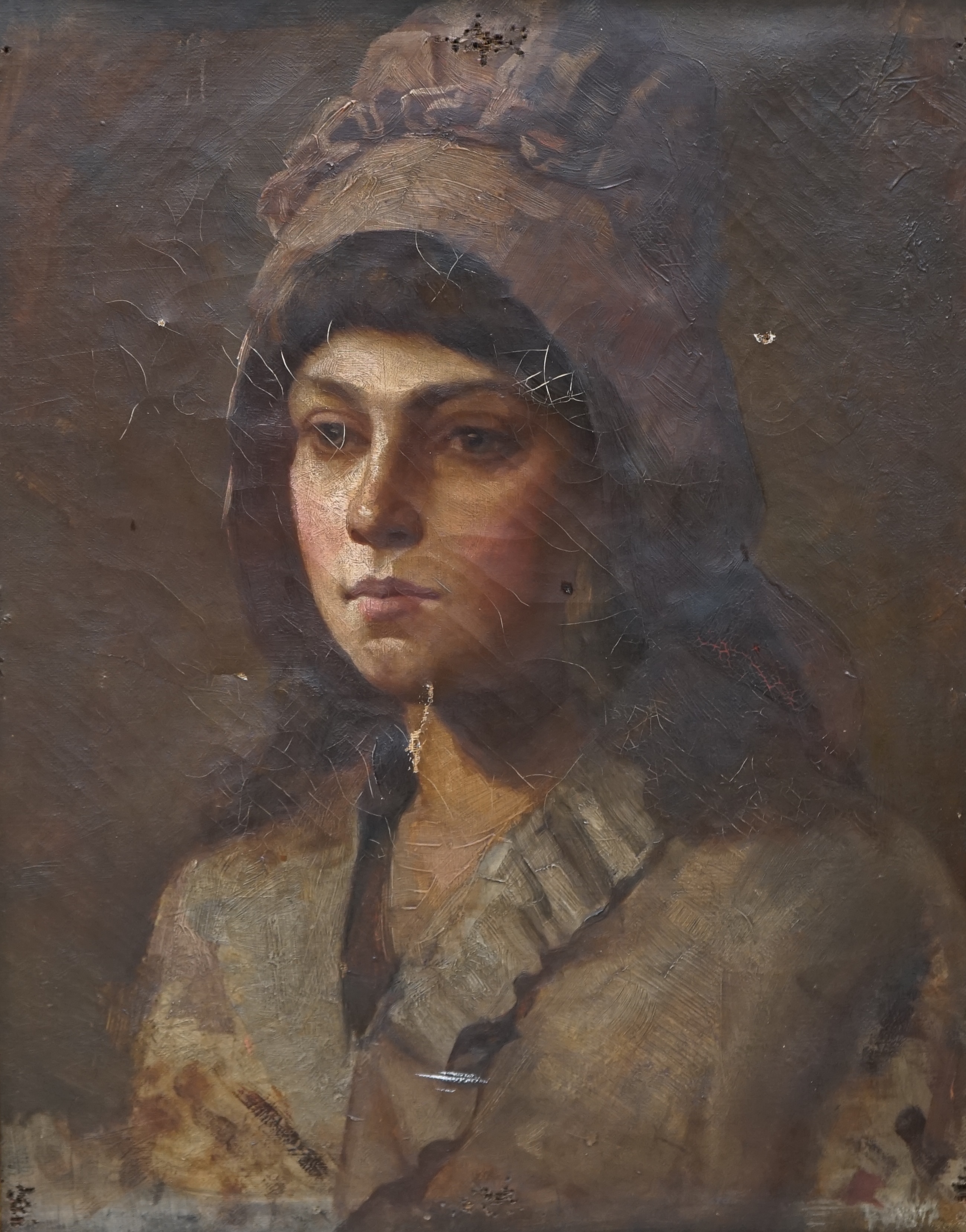 19th century School, oil on canvas, Portrait of a lady wearing a bonnet, unsigned, 50 x 39.5cm, gilt framed. Condition - poor